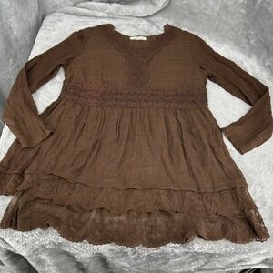 Indigo Soul Brown Crochet Lace Tunic Top Mini Dress M Long Sleeve Boho Fairycore